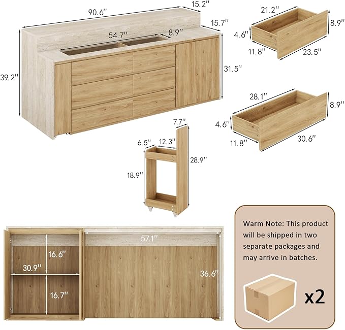 90.6"W Stationary Kitchen Island with Double-layer Countertop, Kitchen Island Storage Cabinet with Adjustable Shelves & 6 Drawers, Island table with Pull Out Spice Rack for kitchen , Dining Room