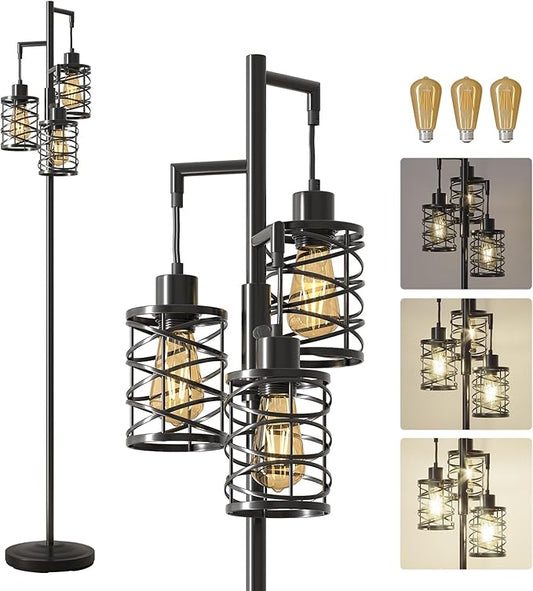 Oneach 70" Industrial Floor Lamp, Stepless Dimmable Standing Lamp with 3 Bulbs, Farmhouse Corner Standing Tree Lamp for Living Room, Tall Lamps for Bedroom, Office, Study Room, Dining Room, Black