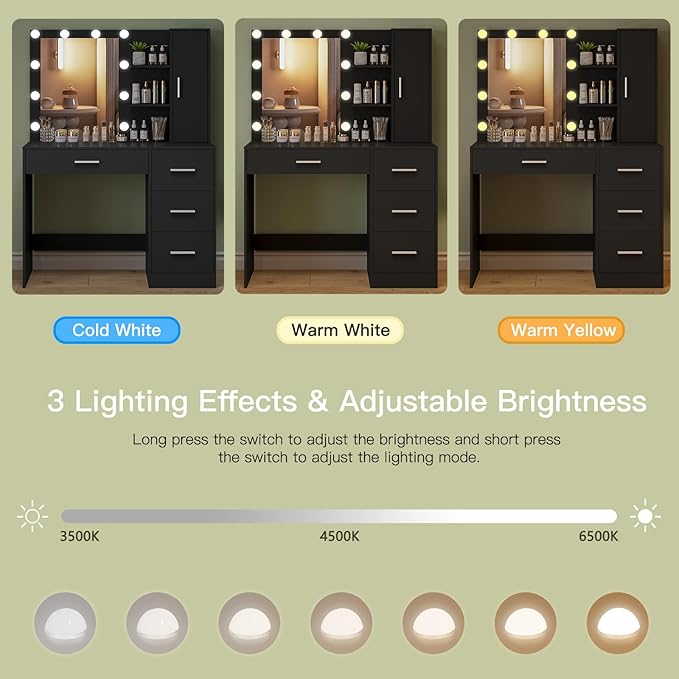 usikey sikey Makeup Vanity with Lights, Vanity Desk with Mirror and 10 LED Lights, Vanity Table Set with 4 Drawers, Cabinet & 4 Necklace Hooks, Dressing Table for Bedroom,Black