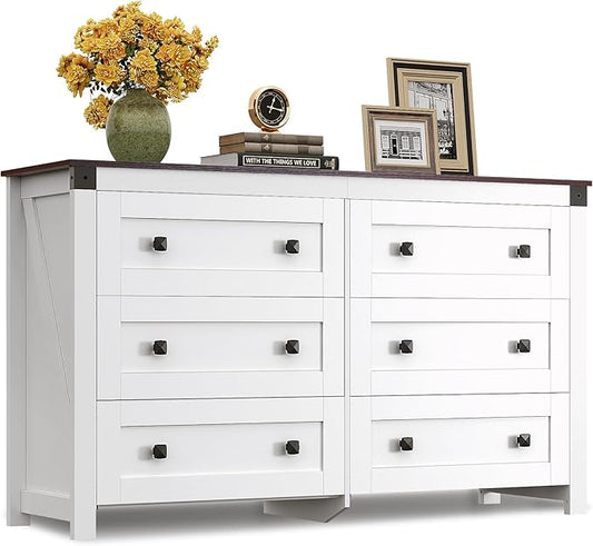 WLIVE Farmhouse 6 Drawer Dresser for Bedroom, 53.07'' Wide Wood Dresser, White Dressers Storage Organizer with Double Rustic Handle, TV Stand for 60 inch TV, Chest of Drawers for Living Room, Hallway