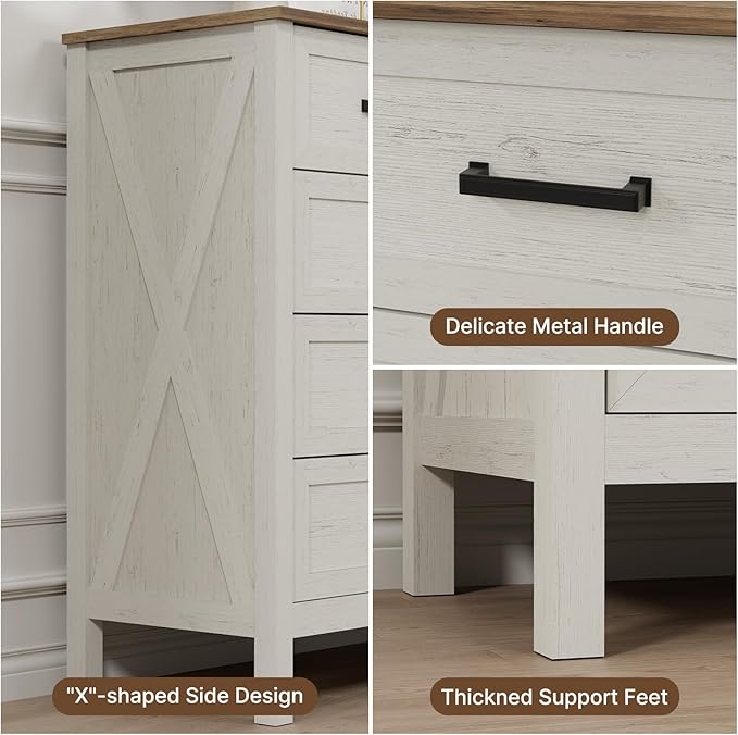 LYNSOM Farmhouse 9 Drawer Dresser for Bedroom, 55 Inch Wide Wood Rustic Chest of Drawers with X-Marking & Bar Handle, Large Storage Dressers Organizer for Bedroom, Living Room, Antique White