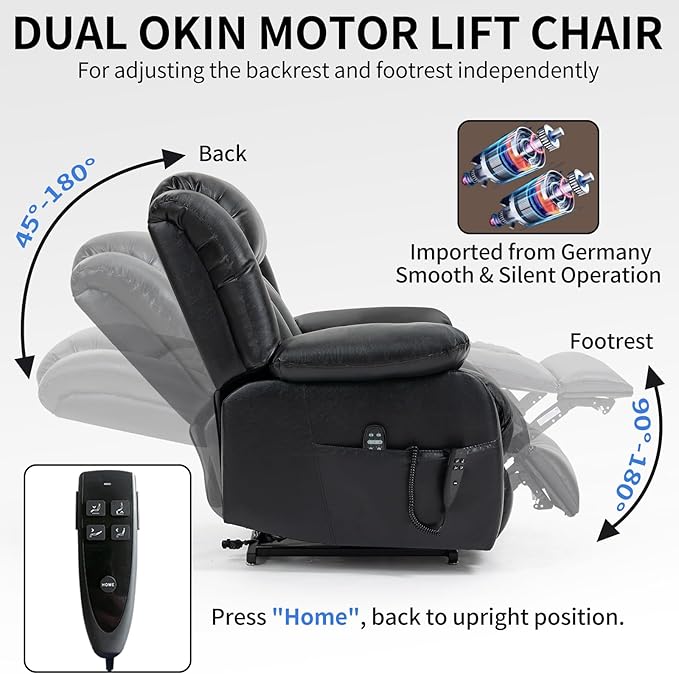 Dual Motor Large Recliner with Massage and Heat, Power Lift Chairs for Elderly, Leather Recliner Chairs for Adults with 2 Remote Controls, Black Big and Tall Recliner