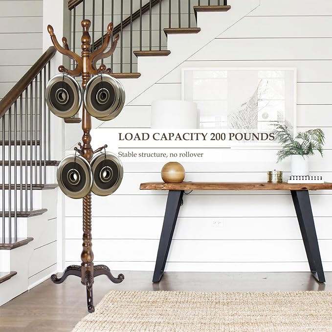 Wood Coat Rack Freestanding, Natural Coats Tree Stand with 11 Hooks, 74.8" Sturdy and Easy Assembly Coat Rack Stand for Entryway, Hallway, Bedroom, Bags, Hats (Tri-legged Base, Walnut)