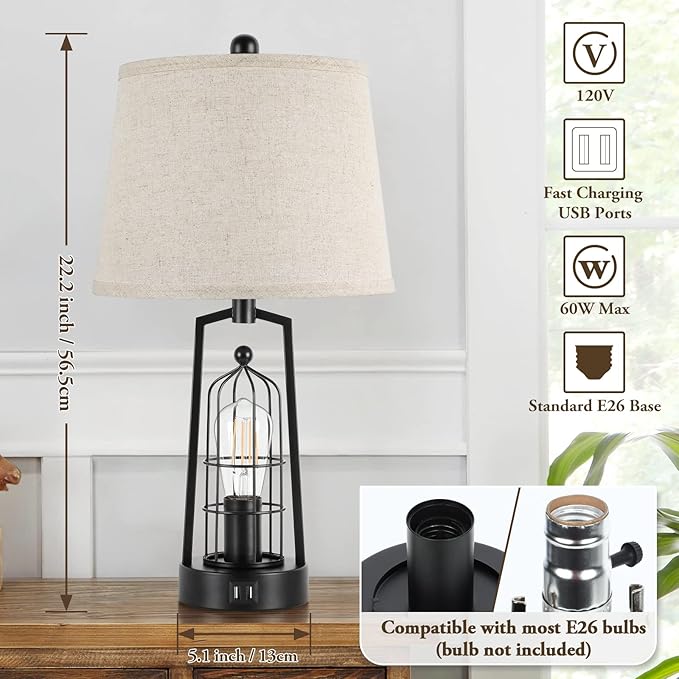 Farmhouse Table Lamps with 2 USB Ports, Set of 2 Rustic Industrial Desk Lamp for Living Room, 2-Light Black Bedside Lamp, Bedroom Nightstand Lamp with Beige Lampshade for House Decor, Reading