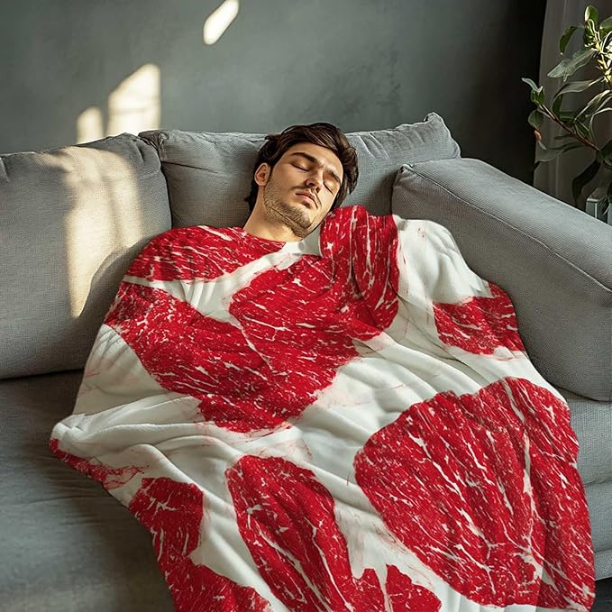 Funny Throw Blanket, Funny Realistic Food Blanket, Beef Printed Gift for Men Women, Lightweight Fleece for Sofa, Bedroom, Home Decor, 50x60 Inches