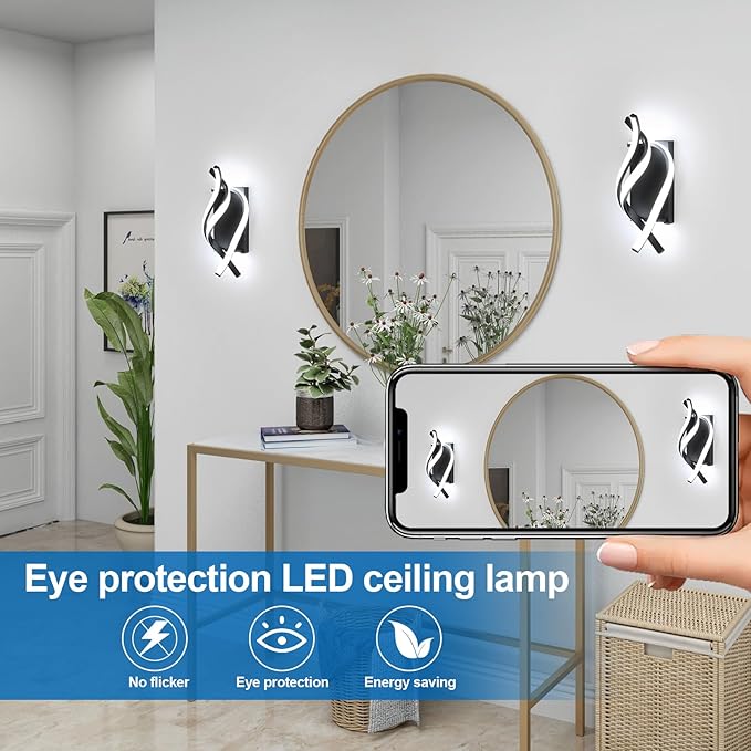 Modern LED Wall Sconce 21W Indoor Wall Sconces Light Cool White 6500K Spiral Design Wall Mounted LED Lamp for Bedroom Stairwells Living Room Hallway Office (Black, 6500K)