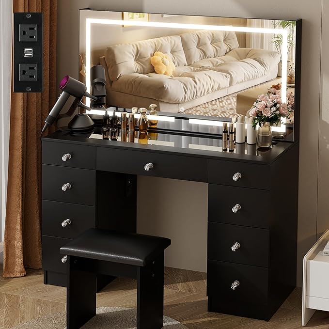 VOWNER Vanity with Lighted Mirror - 47" Glass Top Makeup Vanity Desk with 9 Drawers and Power Outlet, 3 Color Lighting Modes Adjustable Brightness, Makeup Desk with Cushioned Stool for Bedroom, Black