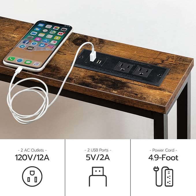 HOOBRO 2 Pack 5.9" Narrow Console Sofa Table with Power Outlets, 47.2" Long Behind Couch Table with Charging Station, Skinny Sofa Table for Living Room, Foyer, Rustic Brown BF15XGP201G1