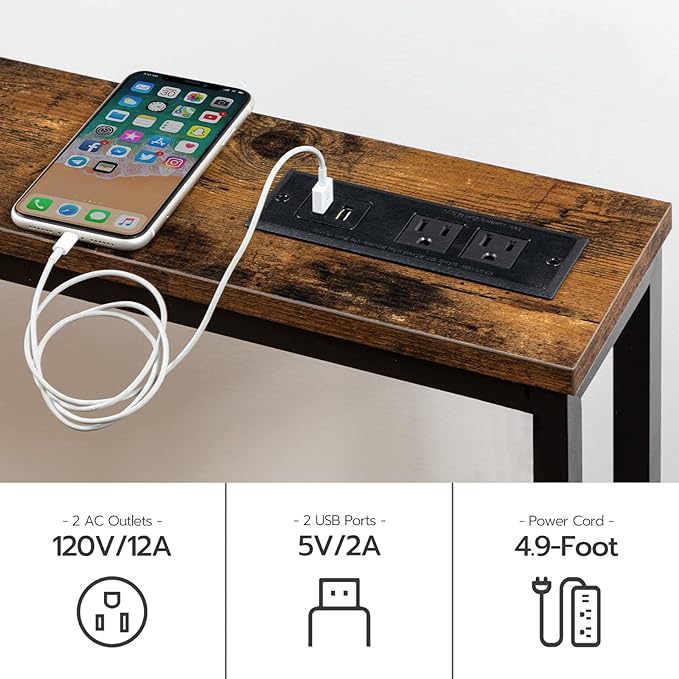 HOOBRO 39.4" Skinny Console Table with Power Outlet, 5.9" Behind Couch Table with Charging Station, Narrow Sofa Table, Long and Thin Table for Entryway, Living Room, Rustic Brown BF51UXG01