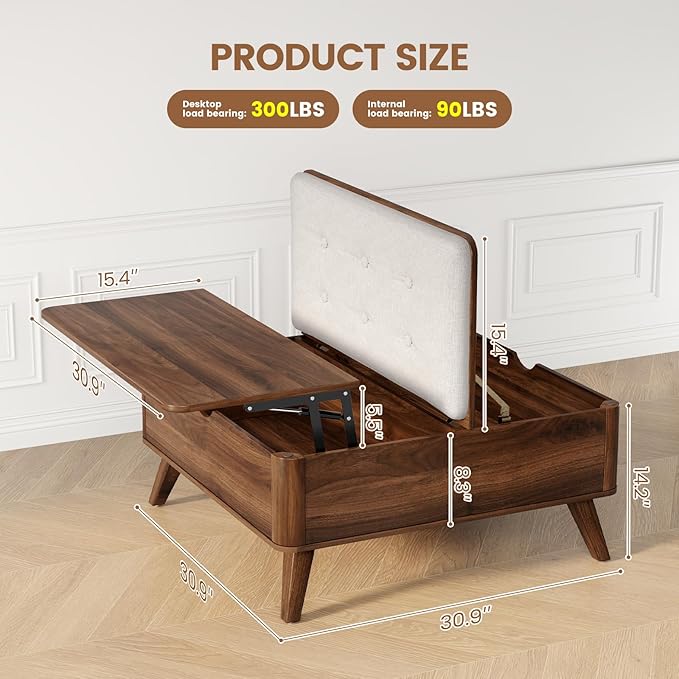 VOPEAK Lift Top Coffee Table with Storage, Large Square Coffee Table with Thickened Cushion, Family Gathering Center Table, Modern Wooden Coffee Tables for Living Room, Solid Wood Legs, Walnut