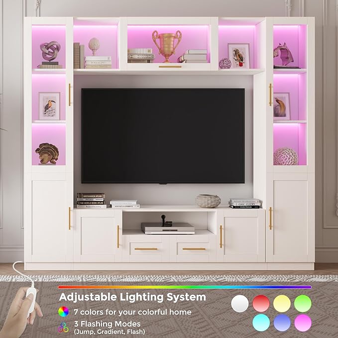 94" Wall Unit Entertainment Center for TVs up to 70", Modern TV Console with LED Lights, Multifunctional TV Stand with Tempered Glass Door, Drawers & Shelves for Living Room, White