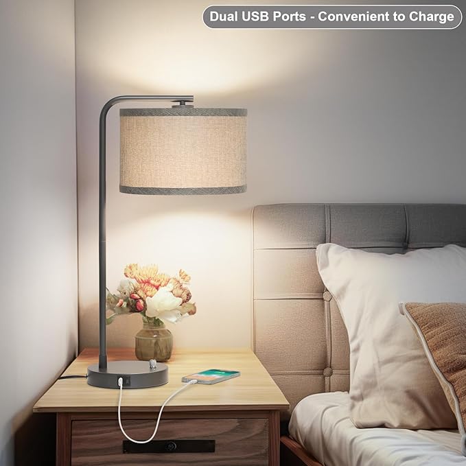 Gray Bedside Lamp with USB C+A Charging Ports, Fully Dimmable Modern Nightstand Lamp with Grey Fabric Shade, Tall Reading Lamp Desk Lamp for Bedroom Living Room Office with 3000K LED Bulb