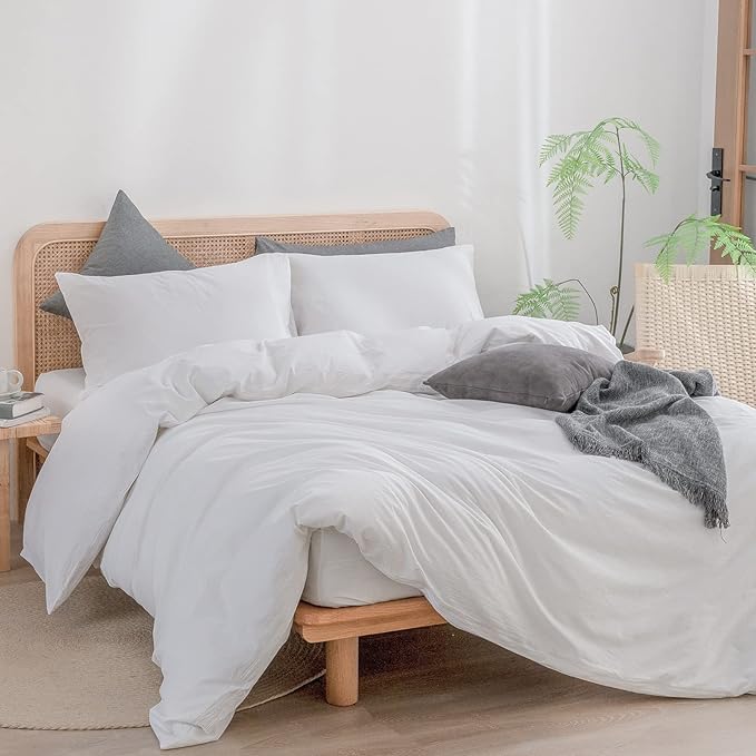 BESTOUCH Duvet Cover Set 100% Washed Cotton Linen Feel Super Soft Comfortable Chic Lightweight 2 PCs Home Bedding Set Solid Bright White Twin/Twin XL