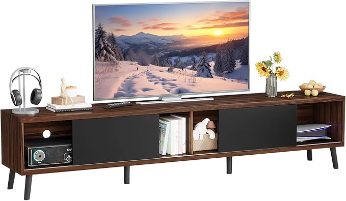 Clikuutory Mid Century Modern 70 Inch TV Stand with Two Large Storage Space for 50 55 60 65 70 75 80 Inch TVs, TV Console with Two Sliding Door, Entertainment Center for Bedroom, Walnut