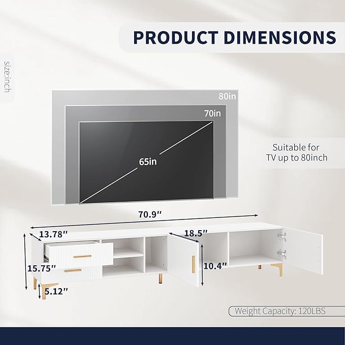 70" Fluted TV Stand for TVs Up to 80", Modern Entertainment Center with Storage, Media Console for Living Room Bedroom, TV Console（White）