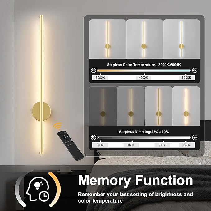 Battery Operated Modern Wall Sconces,Dimmable Wireless Wall Light Set of Two with Remote Control,3 Color Temperatures,Rechargeable LED Wall Sconce for Bedroom,Living Room,Hallway,23.6 Inch, Gold