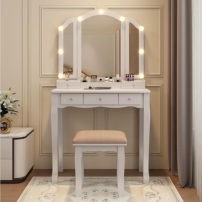 Vanity Desk with Mirror and Lights, Kids Vanity with Lights,5 Drawers and Cabinets White Vanity with Lighted Mirror Vanity Desk and Chair for Bedroom