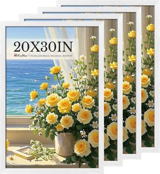 20x30 Poster Frame 4 Pack, Textured White Solid Wood, Wall Gallery Picture Frame