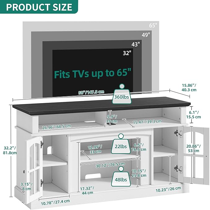 YITAHOME LED Farmhouse TV Stand for 65 Inch w/Outlets, Modern Entertainment Center with Glass Doors and Adjustable Storage Shelves, Media Console TV Cabinet for for Living Room, White/Black