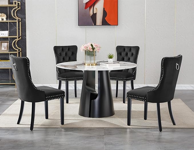5-Piece Faux Marble Round Dining Table Set for 4, Modern Luxury Kitchen Table Set for 4 with Black Tufted Chairs,Circle Dining Tables with Pandora Grain Top and Black Pedestal Base