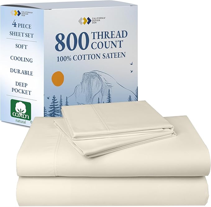 California Design Den Luxury King Bed Sheets - Buttery Soft 800 Thread Count Sateen, 100% Cotton Bed Sheets Set - Beats Fake Egyptian Claims, Deep Pockets, Durable Bedding Set (Creamy Ivory)