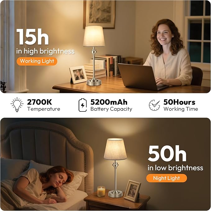 NIORSUN Portables Cordless Table Lamp,Flaxen Fabric Shade Battery Operated Lamp,5200mAh Bedside Table Lamp with Warm White,3 Way Dimmable Touch Desk Lamp for Bedroom Living Room Restaurant (Silver)