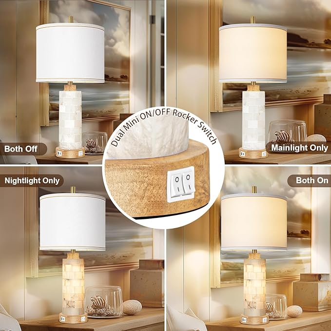 27" Natural Alabaster And Wood Table Lamp Set of 2 With Night Light Nightstand Lamps With USB Ports White Linen Fabric Shade Bedside Lamp Decor For Living Room Bedroom Home Office Hotel Bar House