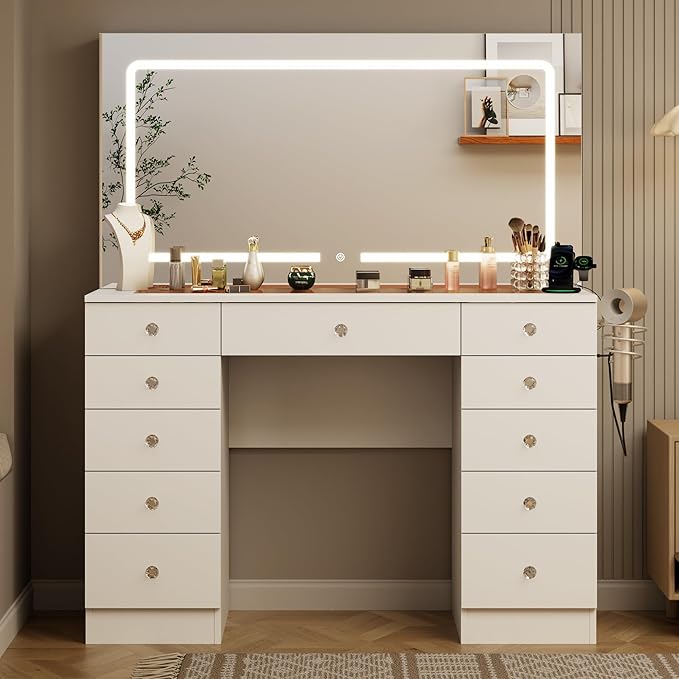 White Vanity with Lighted Mirror, 11 Drawers Vanity Mirror with Lights, 46" Makeup Vanity Desk with 3 Lighting Modes Adjustable Brightness, Vanity with Glass Top for Bedroom