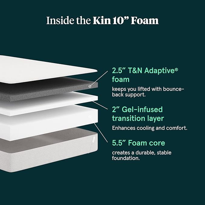 Tuft & Needle Kin Medium Firm 10" Twin XL Adaptive Foam Mattress in a Box, Cooling Pressure Relief, Balanced Support, 100 Night Trial, Fiberglass-Free, CertiPUR-US, 10-Year Limited Warranty