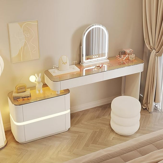 Vanity Set - Solid Wood Vanities Desk with LED Smart Mirror and Drawers, Modern Vanity Table with Glass Countertop and Makeup Stool, Vanities for Bedroom, Gifts for Her (White)