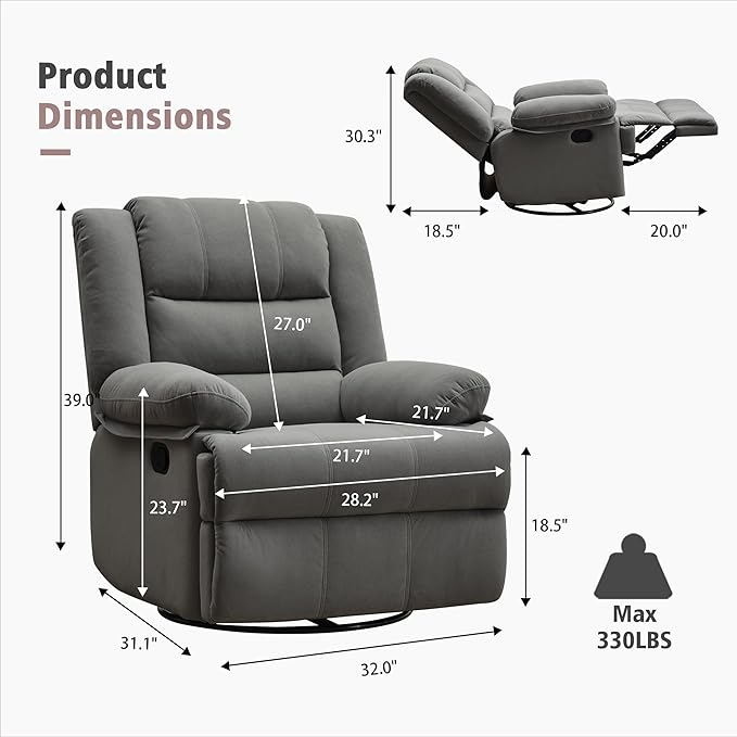 Swivel Rocking Recliner Chair for Adults, Overstuffed Manual Rocker Nursery Recliner Glider, Upholstered Fabric Reclining Single Sofa Chair for Living Room (Dark Grey)