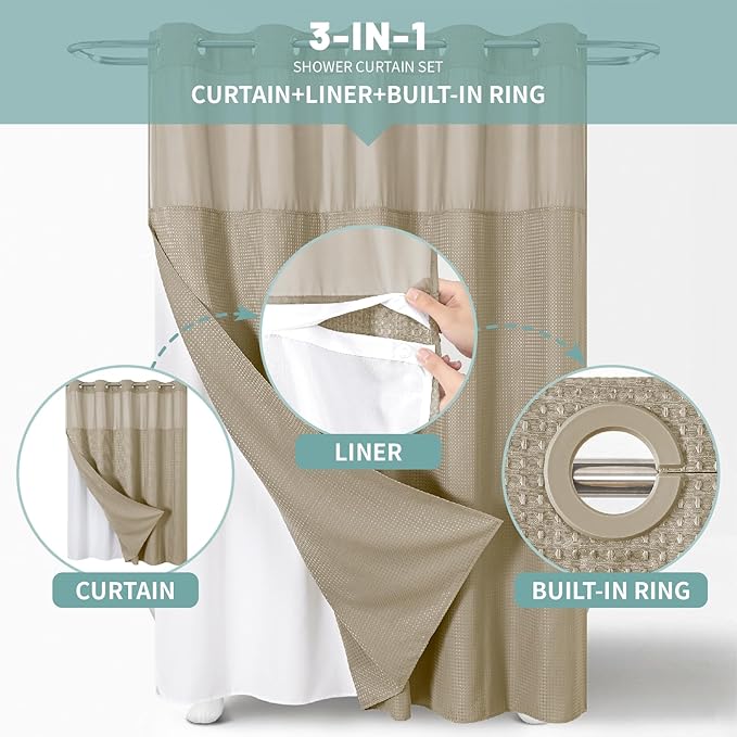 Khaki No Hook Waffle Weave Shower Curtain with snap-in Liner Replacement, 230GSM Waterproof Fabric Hotel Shower Curtain Set for Bathroom, Through Mesh Top Window,71Wx77H