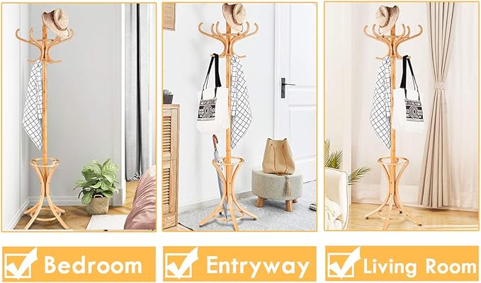 Tangkula 75.5" Standing Coat Rack, Wood Coat Tree with 12 Hooks, Home Hat Jacket Hanger Tree 12 with Umbrella Holder Coat Stand (Oak)