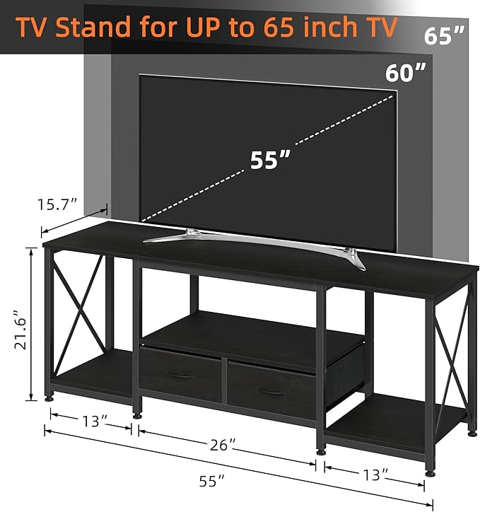 TV Stand with Fabric Drawers for 55 60 65 Inches TV - Entertainment Center and Industrial TV Console Table with Open Storage Shelves for Living Room, Bedroom - 55.1" Black