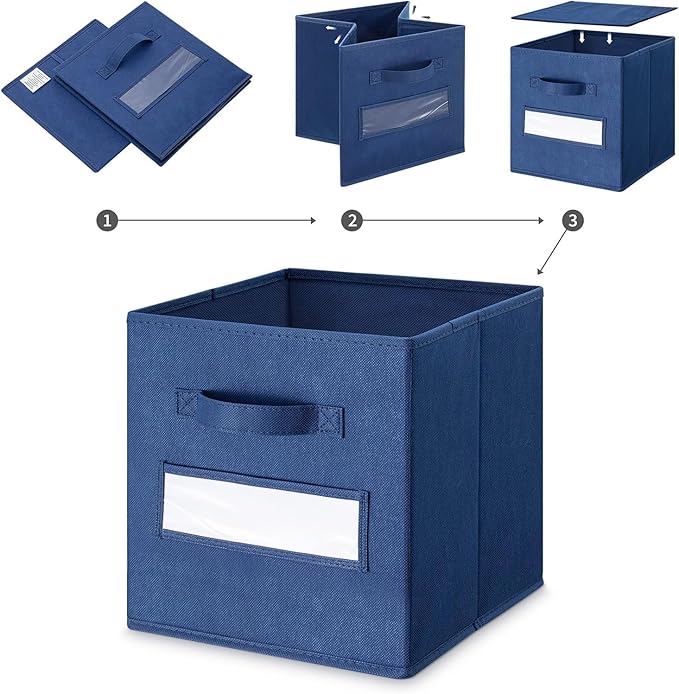 artsdi 13x13x13 storage cube bins (Set of 10) Fabric storage cubes with 10 Labels Window Cards & a Pen, storage cubes 13x13, Collapsible 13 inch cube storage bins, Cubby Organizer Boxes, Navy Blue
