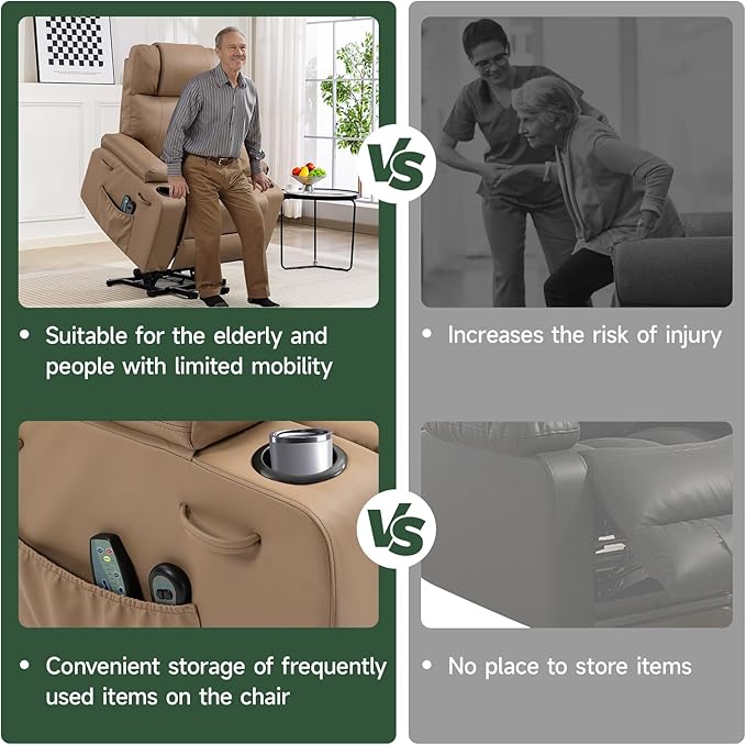 Power Lift Recliner Chair for Elderly with Heat & Massage, 160° Electric Adjustable PU Leather Recliner with Remote Control, Stand Assist, Cup Holders & Side Pockets for Living Room (Brown)