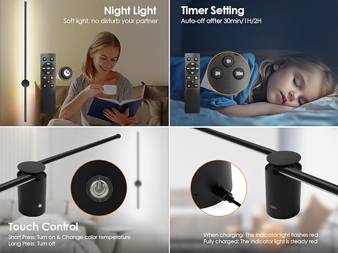 39.4 Inch Battery Operated Wall Sconces Set of Two, 12000mAh Rechargeable Wall Sconce with Remote Control, Dimmable LED Wireless Wall Lights for Bedroom, Living Room, 15 Colors, 180° Rotate, Black