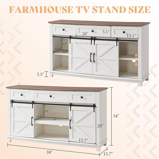 AMERLIFE Farmhouse TV Stand for Televisions up to 65 Inchs, Entertainment Center with Sliding Barn Doors and Storage Drawers, 59" TV Stand with Cabinets, Antique White