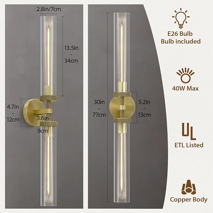 Brass Gold 2-Light Knurled Wall Sconces, 30in Double Glass Sconces Wall Lighting, Bathroom Vanity Light Sconces, Wall Lights for Living Room Bedroom Hallway Kitchen Bathroom Mirror