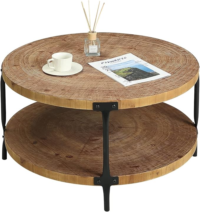 Round Boho Wood Coffee Table - 29.1" Farmhouse Natural Circle Wooden 2-Tier Coffee Tables Living Room Furniture, 29.1" D x 18.3" H, Natural Wood Color