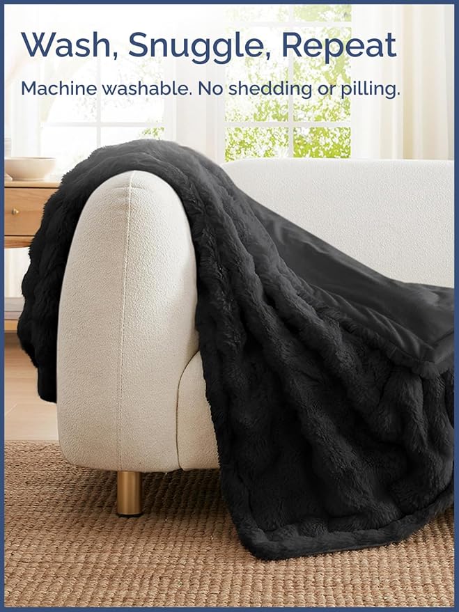 Fluffy Throw Blanket Twin Size - Faux Fur Throw for Couch or Bed - Ultra Plush Soft Extra Thick Faux Fur Rabbit Blanket - Comfy, Warm and Breathable - Luxury Minky Tie Dye Bedding - 60" x 80", Black