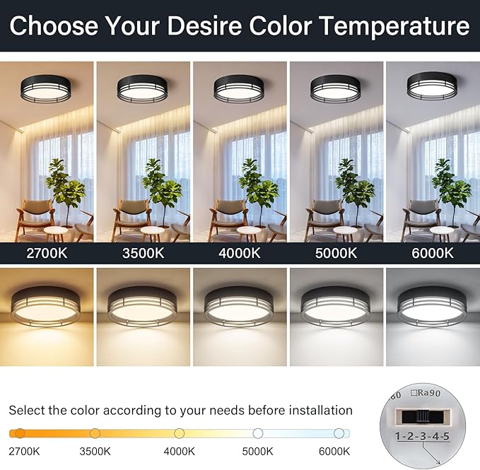 Dimmable Black Flush Mount Ceiling Light, Modern Round LED Ceiling Lights Fixture, Kitchen Flushmount Light for Bedroom Hallway Kitchen 2700 K-6000 K 5CCT