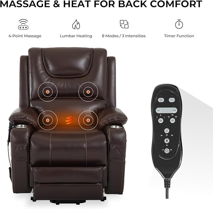 DYNOX Tall Man Lay Flat Chair Large Power Lift Recliner Dual Motor Lift Chairs Recliners for Elderly,Seat Heating,USB/Type-C Charging(Brown, Faux Leather)