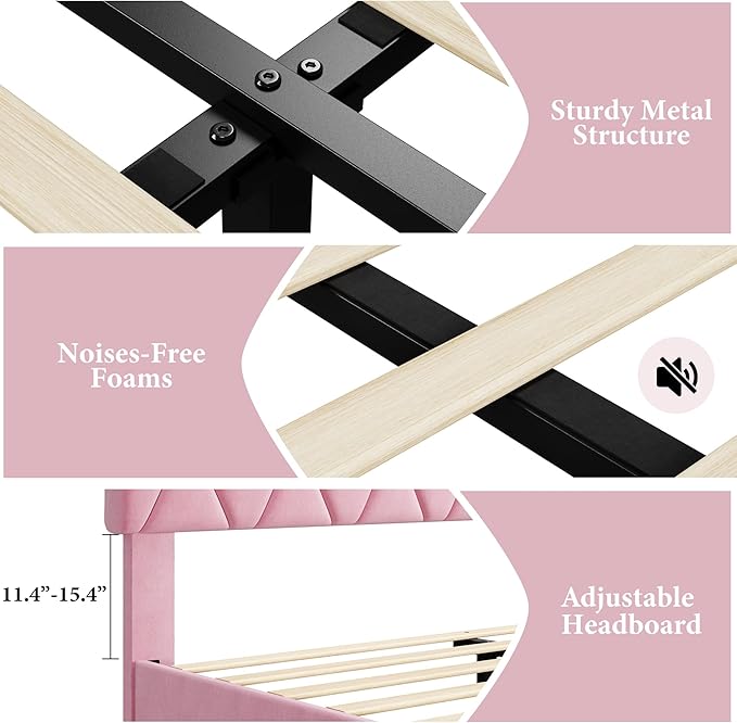 GAOMON Pink Twin Bed Frame with Upholstered Headboard, Heavy-Duty Platform Bed Frame with Strong Wood Slats, No Box Spring Needed/Noise Free/Easy Assembly