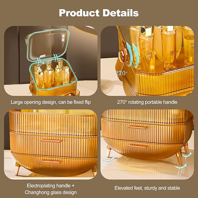 Ergocar Portable Retro Series Multi-Function Make Up Case Dustproof Cosmetic Storage Box,Cosmetics Skin Care Products Jewelry Organizer Case Finishing Box Bathroom Desktop -Amber (X-1)