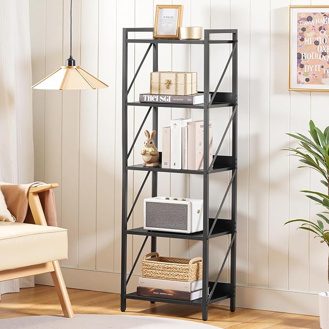 HOOBRO Bookshelf, 5-Tier Industrial Bookcase, Book Shelf Storage Organizer, Tall Bookshelf with Metal Frame for Living Room, Bedroom, Home Office, Kitchen, Black BB73SJ01