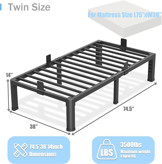 14 inch Twin Bed Frame with Rounded Corner Legs and Headboard Hole Mattress Slide Stopper 3500 LBS Heavy Duty Support Metal Platform,No Box Spring Needed, Noise Free, Easy Assembly
