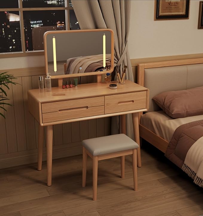 Soild Wood Vanity Table 38 IN with Light Mirror High Adjustable, Make Up Desk Large Dressing Table 3 Lighting Modes, Makeup Vanity 3 Drawer Dresser Vanity Table Wooden for Checkroom Apartment Bedroom