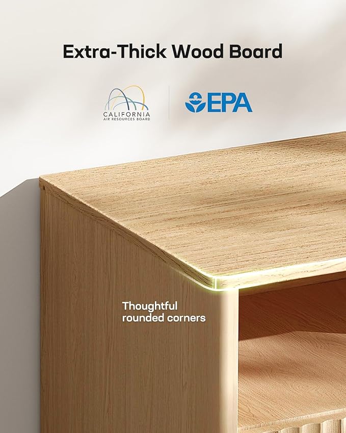 Marsail 59″ Wide TV Stand for TVs Up to 65″, Modern Entertainment Center with Fluted Panels, 3 Easy-Sliding Drawers, Open Shelves & Cable Hole, 3-Tier TV Stands for Living Room & Bedroom, Natural Oak