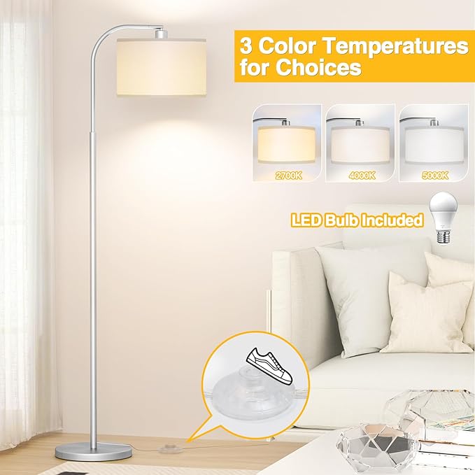 Arc Floor Lamps for Living Room with 3 Color Temperatures, Modern Floor Lamp Reading Light with 9W Bulb Included, Standing Lamp with Adjustable White Hanging Shade for Bedroom Office(Silver)